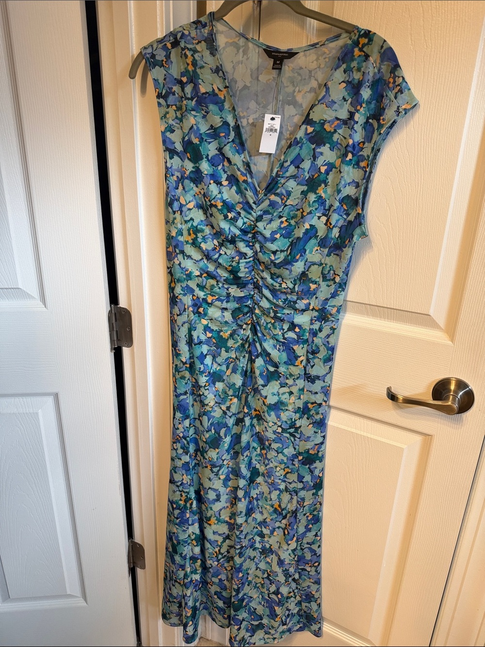 Banana Republic Blue & Green Floral V-Neck Ruched Midi Dress